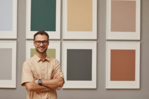 Man at art gallery. Expressive arts therapy.